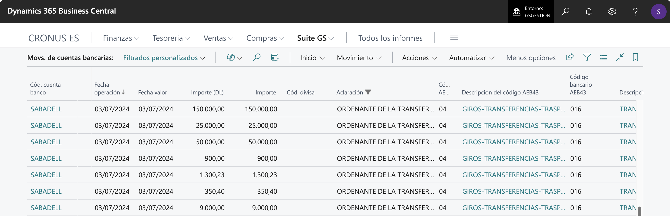 Listado de movimientos
