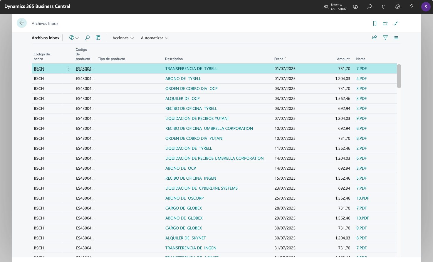 Lista de archivos Inbox