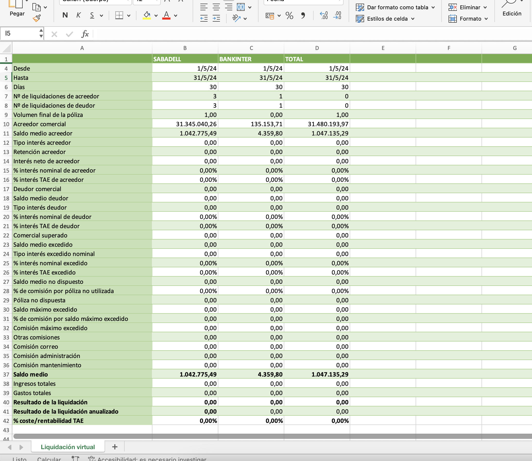 Excel de liquidación virtual