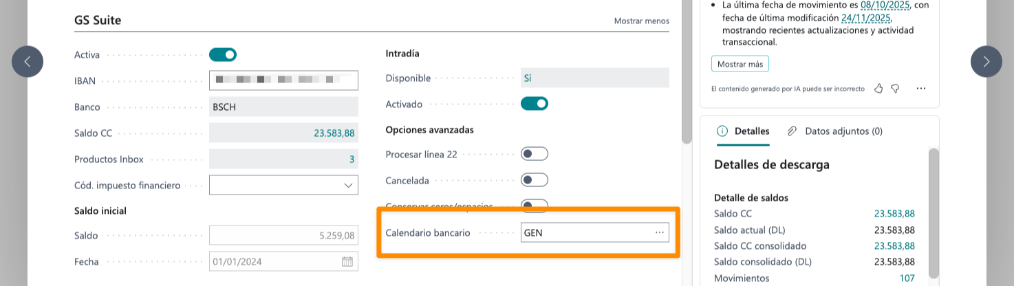 Campo de calendario bancario en la ficha de cuenta