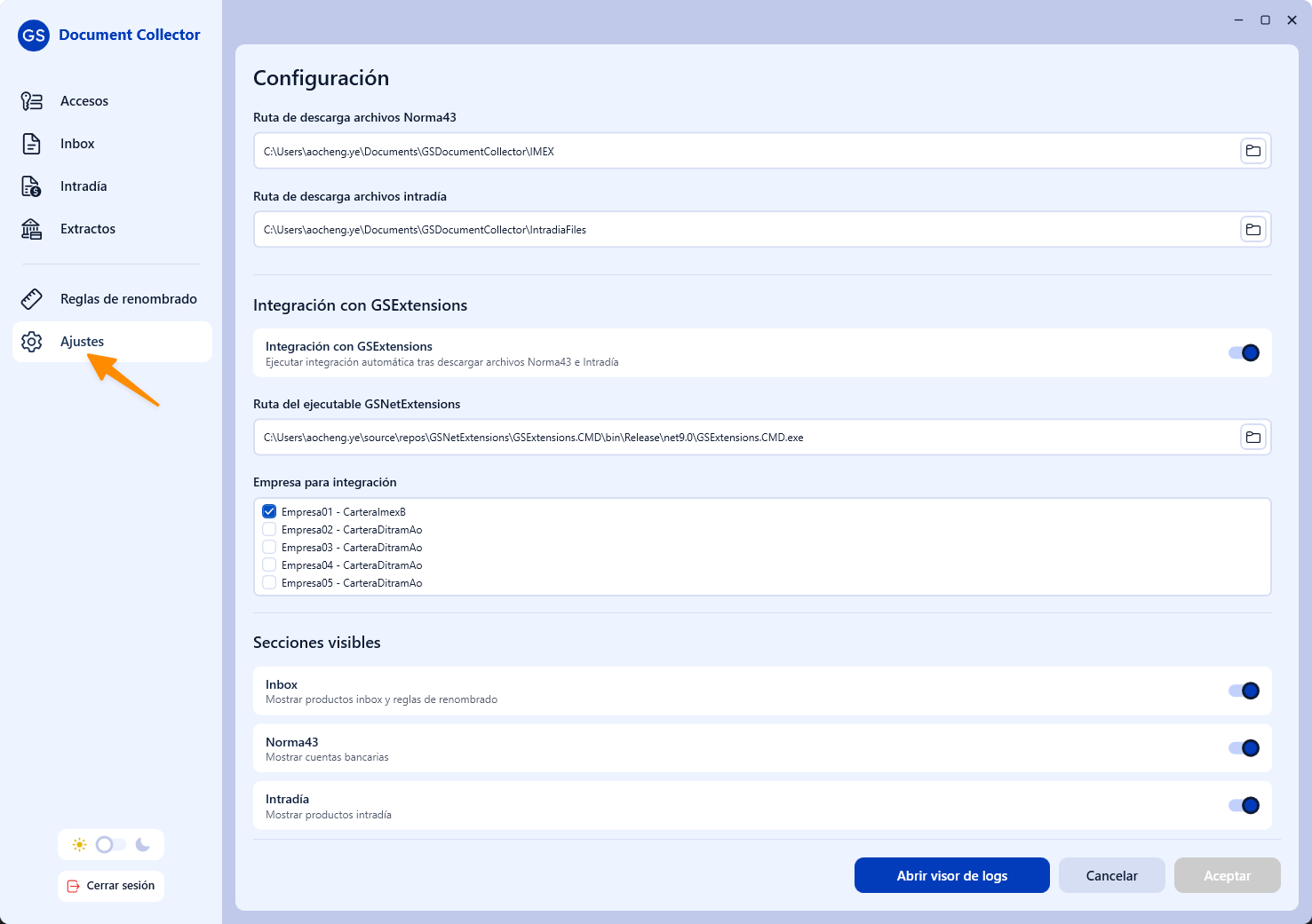 Pantalla de Configuración